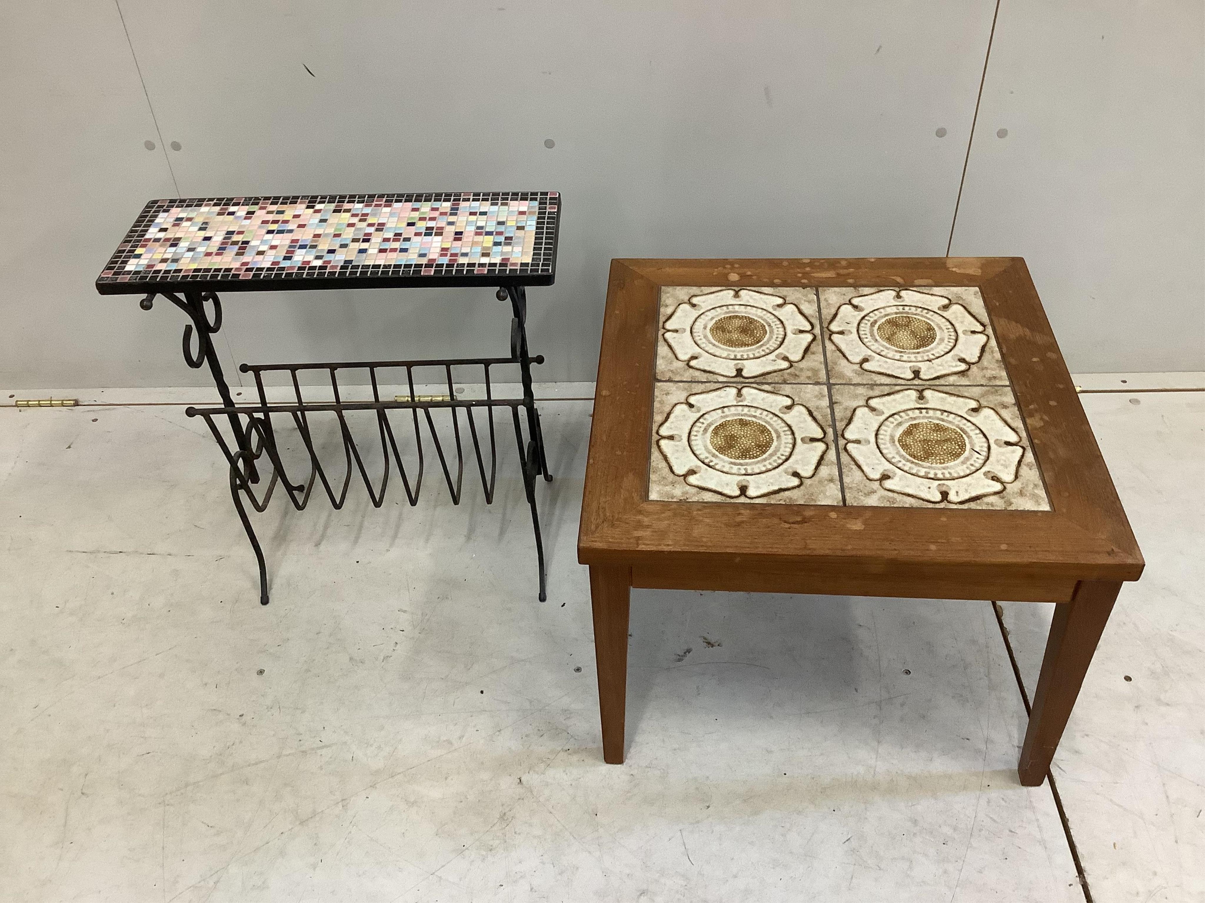 A mid century Italian style wrought iron and mosaic tile magazine table and a mid century tile top occasional table, larger width 54cm, height 41cm. Condition - poor to fair